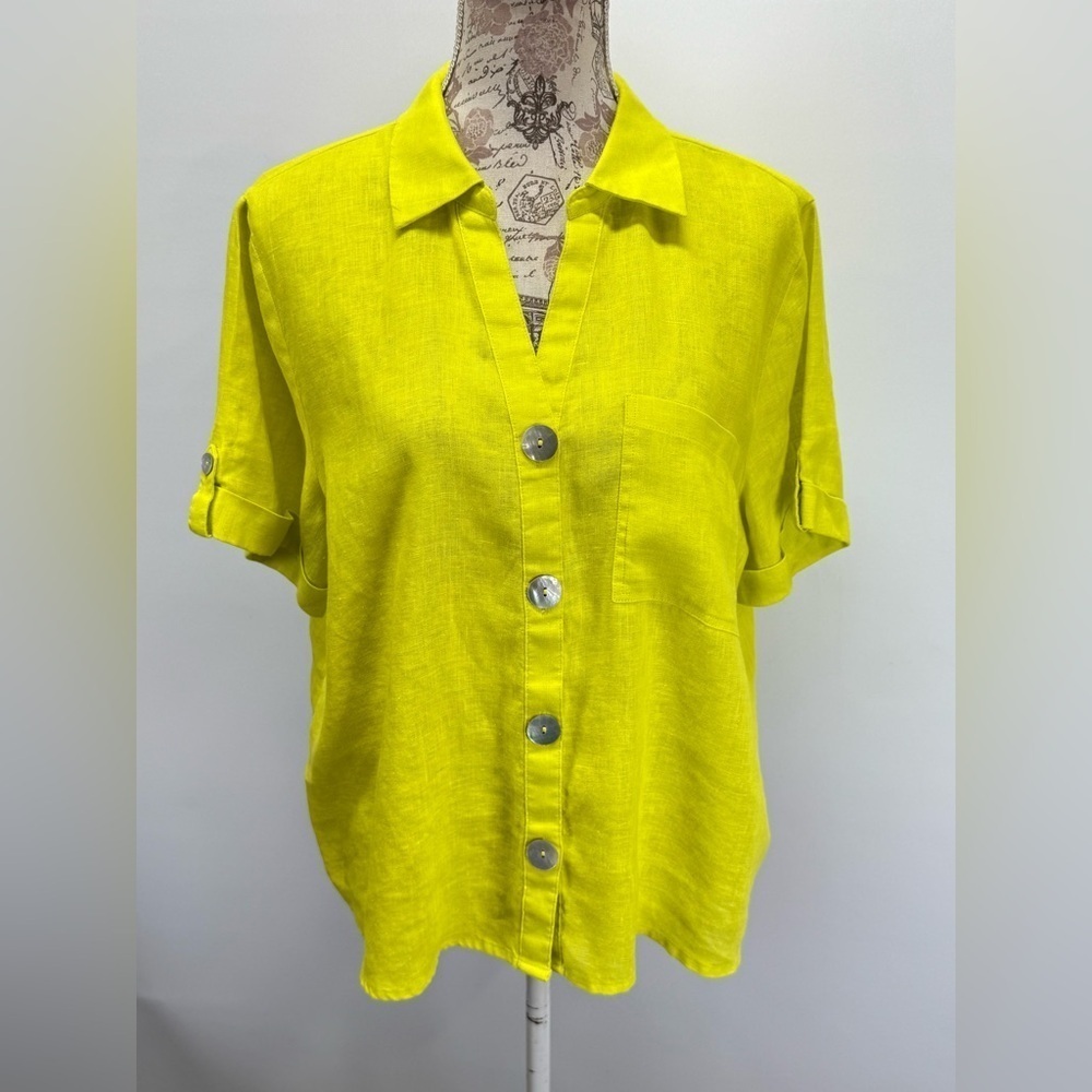 MARC NEW YORK Neon Yellow 100% Linen short sleeve Button-Down Shirt size L